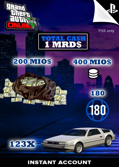 PS5 - GTA 5 Account Rang 180 + 200 Mio. GTA$ + 400 Mio. Casino-Chips + 123x Deluxos